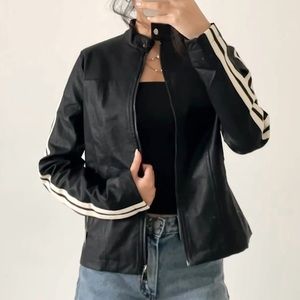 MOTEL X JACQUIE faux leather striped biker jacket